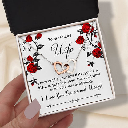 future wife personalized message and necklace with interlocking hearts in a box labeled 'To My Future Wife' held by a hand.