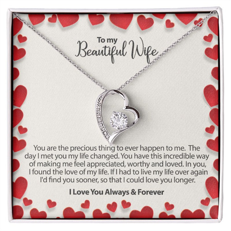 White gold heart pendant necklace featuring a sparkling CZ crystal, presented in a gift box with a message card for wife