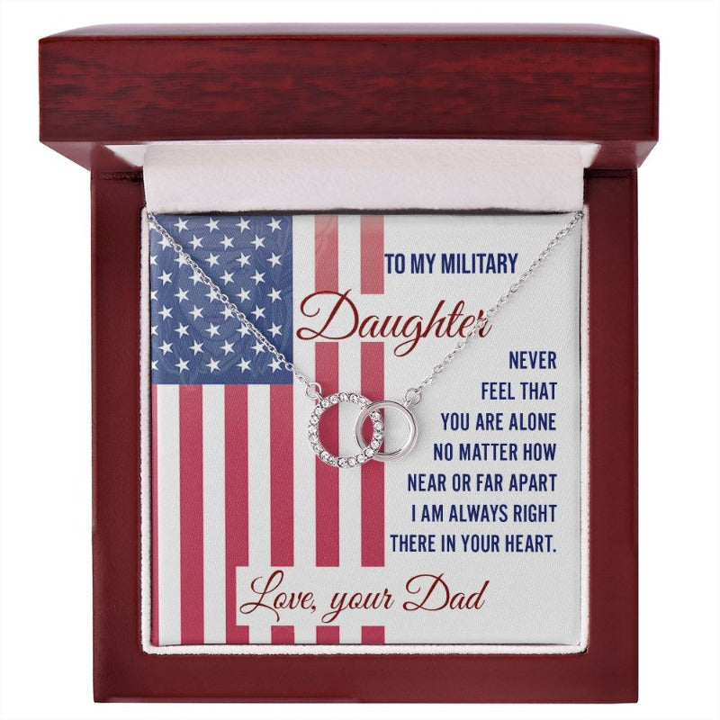 Silver interlocking necklace displayed in a gift box with a heartfelt military daughter message card from dad.