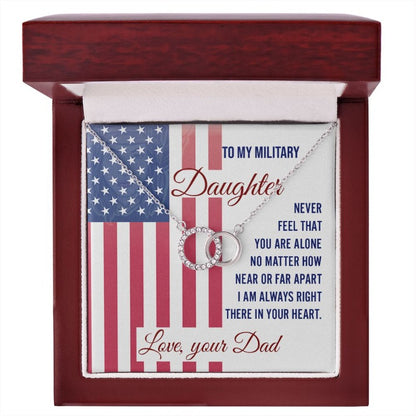 Silver interlocking necklace displayed in a gift box with a heartfelt military daughter message card from dad.